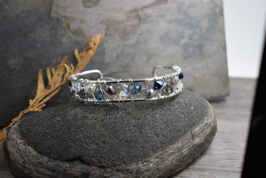 Modern Wire Woven Crystal & Gemstone Cuff Bracelet | Whitelotus Design